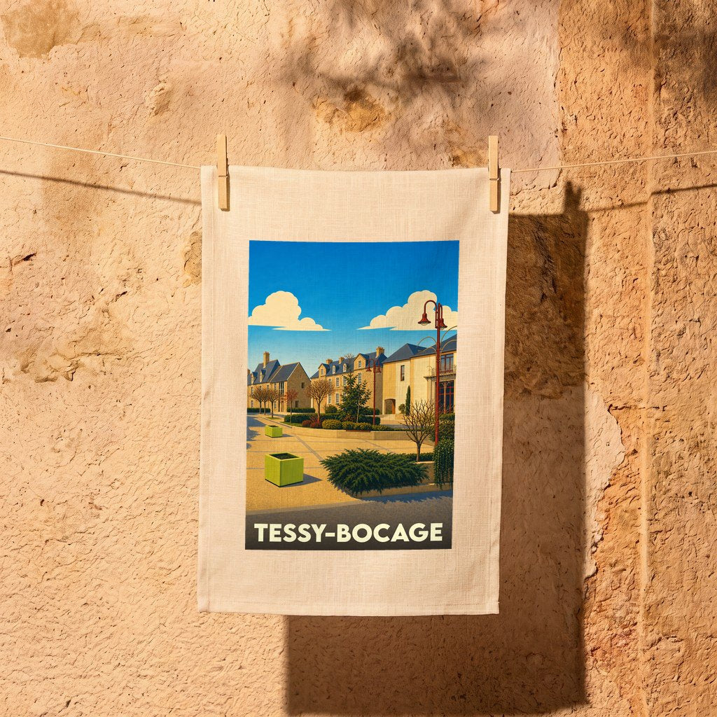 Torchon souvenir de la ville de Tessy-Bocage avec une illustration stylisée d'une place ensoleillée.