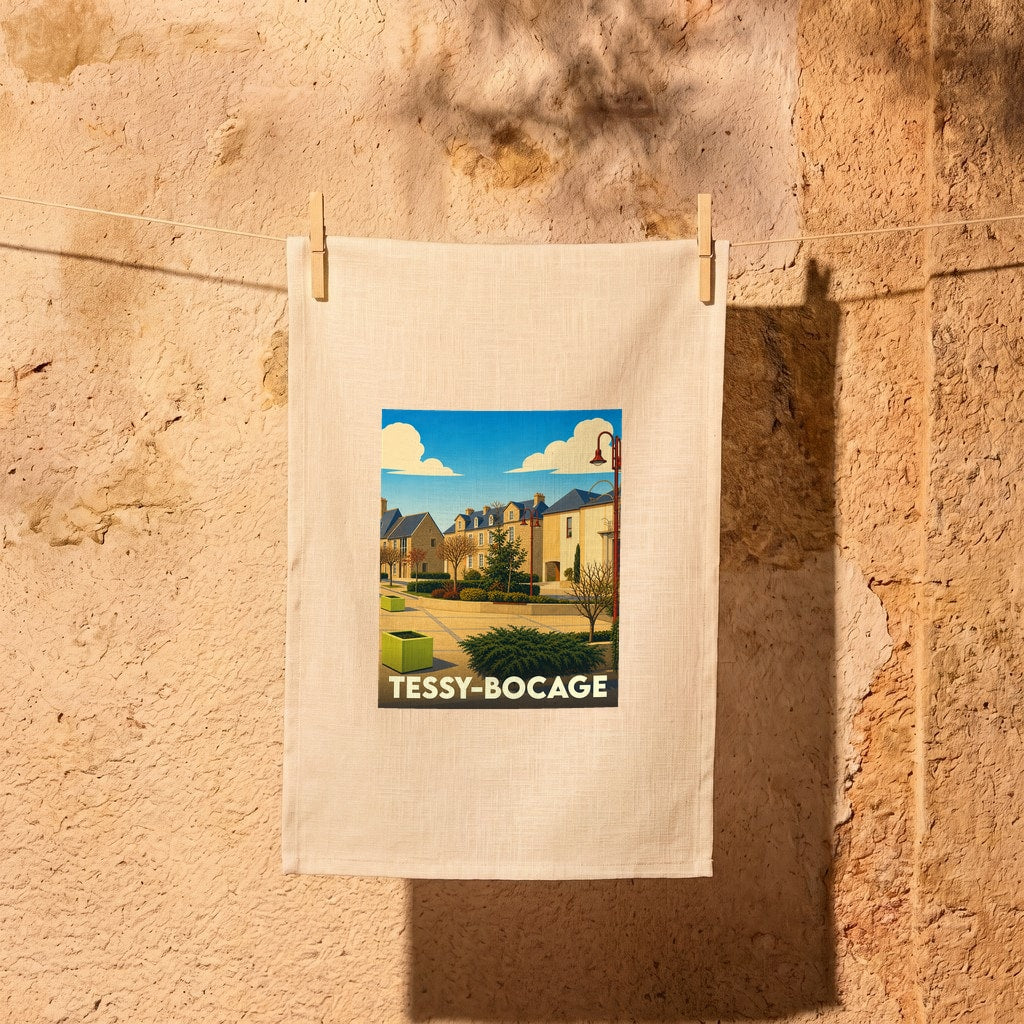Torchon souvenir de la ville de Tessy-Bocage avec une illustration stylisée d'une place ensoleillée.