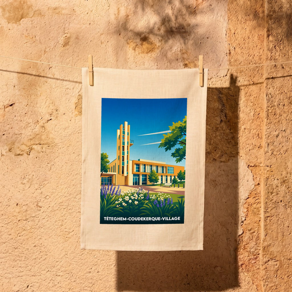 Torchon souvenir de la ville de Téteghem-Coudekerque-Village avec une illustration stylisée de son hôtel de ville.