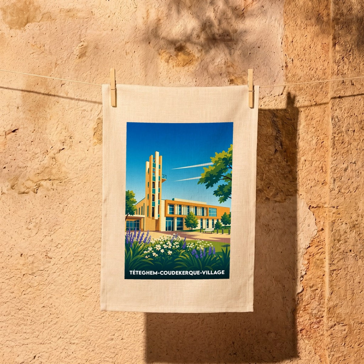 Torchon souvenir de la ville de Téteghem-Coudekerque-Village avec une illustration stylisée de son hôtel de ville.