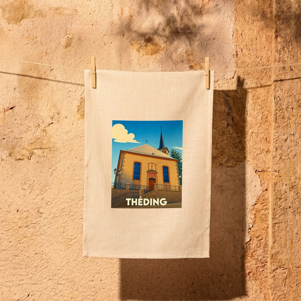 Torchon souvenir de la ville de Théding avec une illustration stylisée de son église.