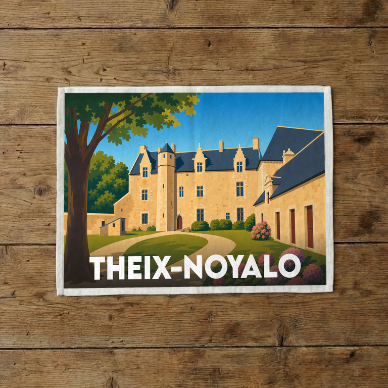 Torchon souvenir de la ville de Theix-Noyalo orné d'une illustration stylisée de son patrimoine architectural.