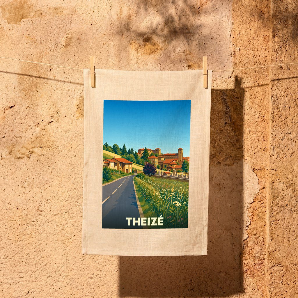 Torchon souvenir de la ville de Theizé illustré d'un paysage de village pittoresque dans un style affiche rétro.