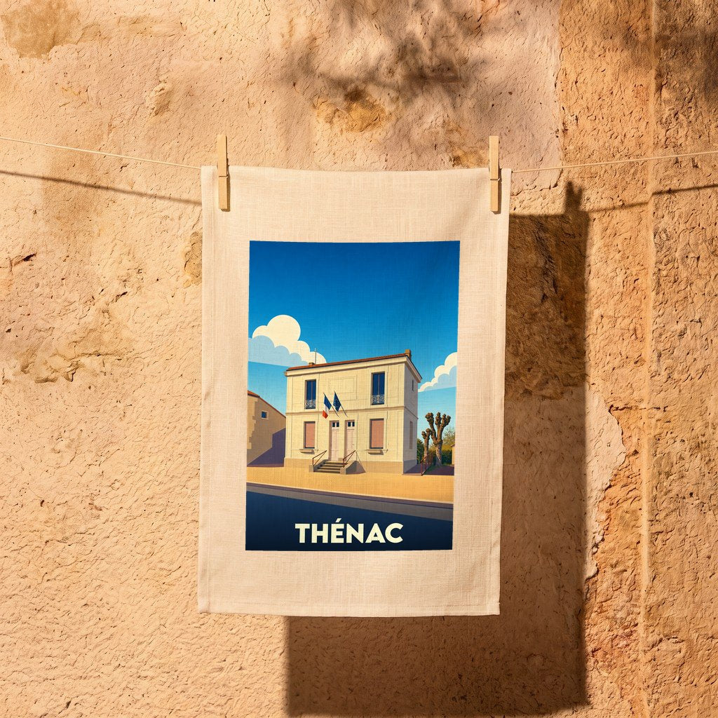 Torchon souvenir de la ville de Thénac illustré d'un dessin stylisé de sa mairie.