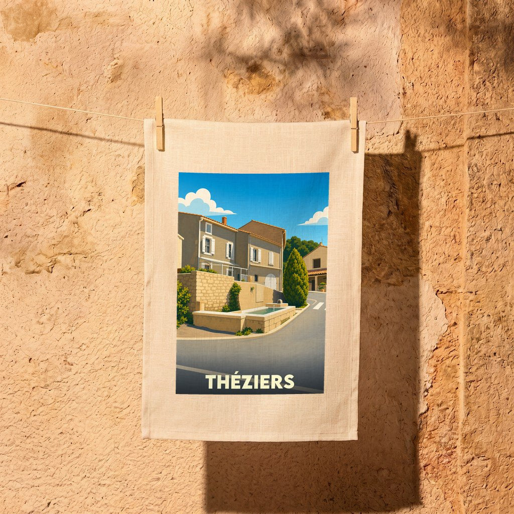 Torchon souvenir de la ville de Théziers avec une illustration stylisée.