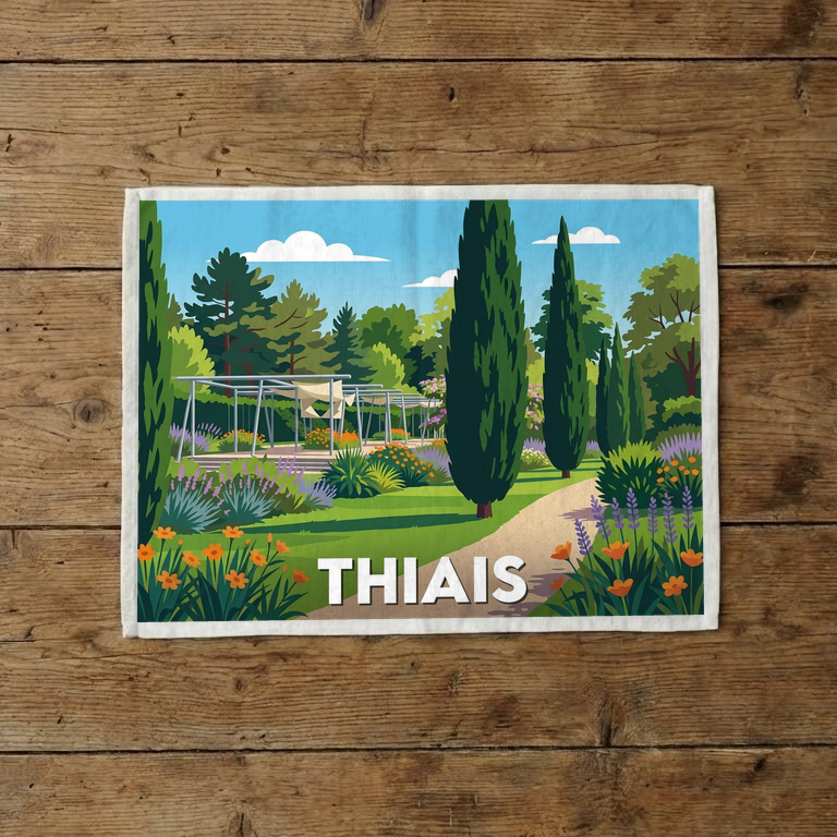 Torchon souvenir de la ville de Thiais avec une illustration stylisée d'un parc fleuri et arboré.