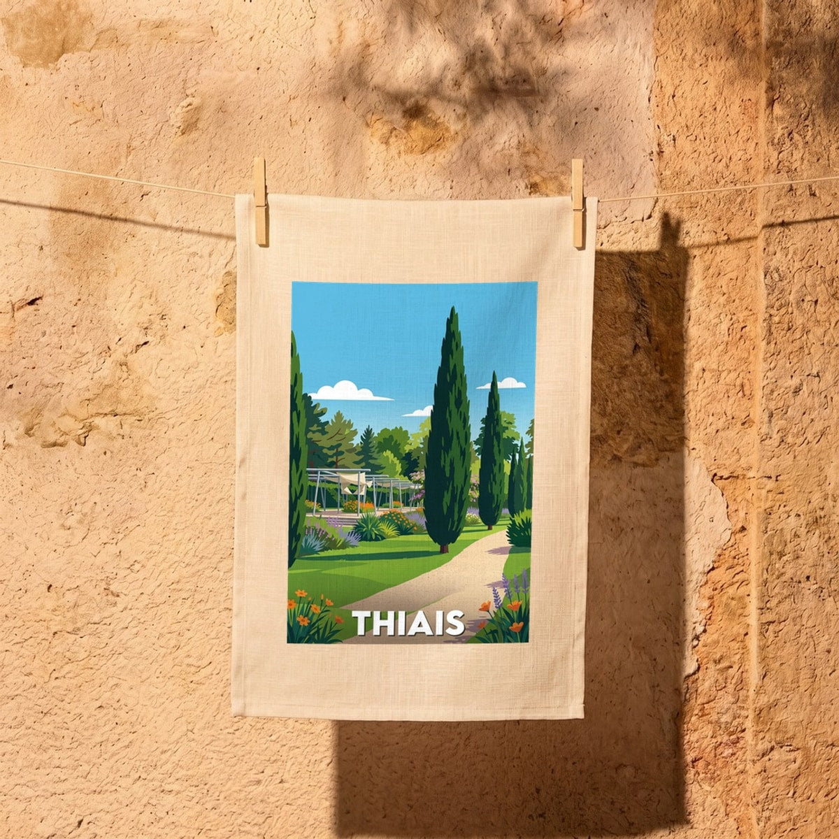 Torchon souvenir de la ville de Thiais avec une illustration stylisée d'un parc fleuri et arboré.