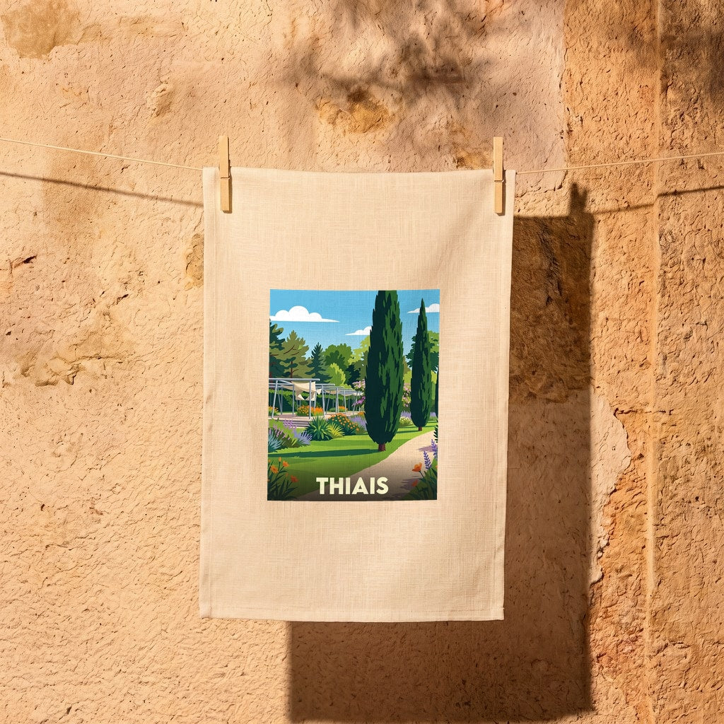 Torchon souvenir de la ville de Thiais avec une illustration stylisée d'un parc fleuri et arboré.