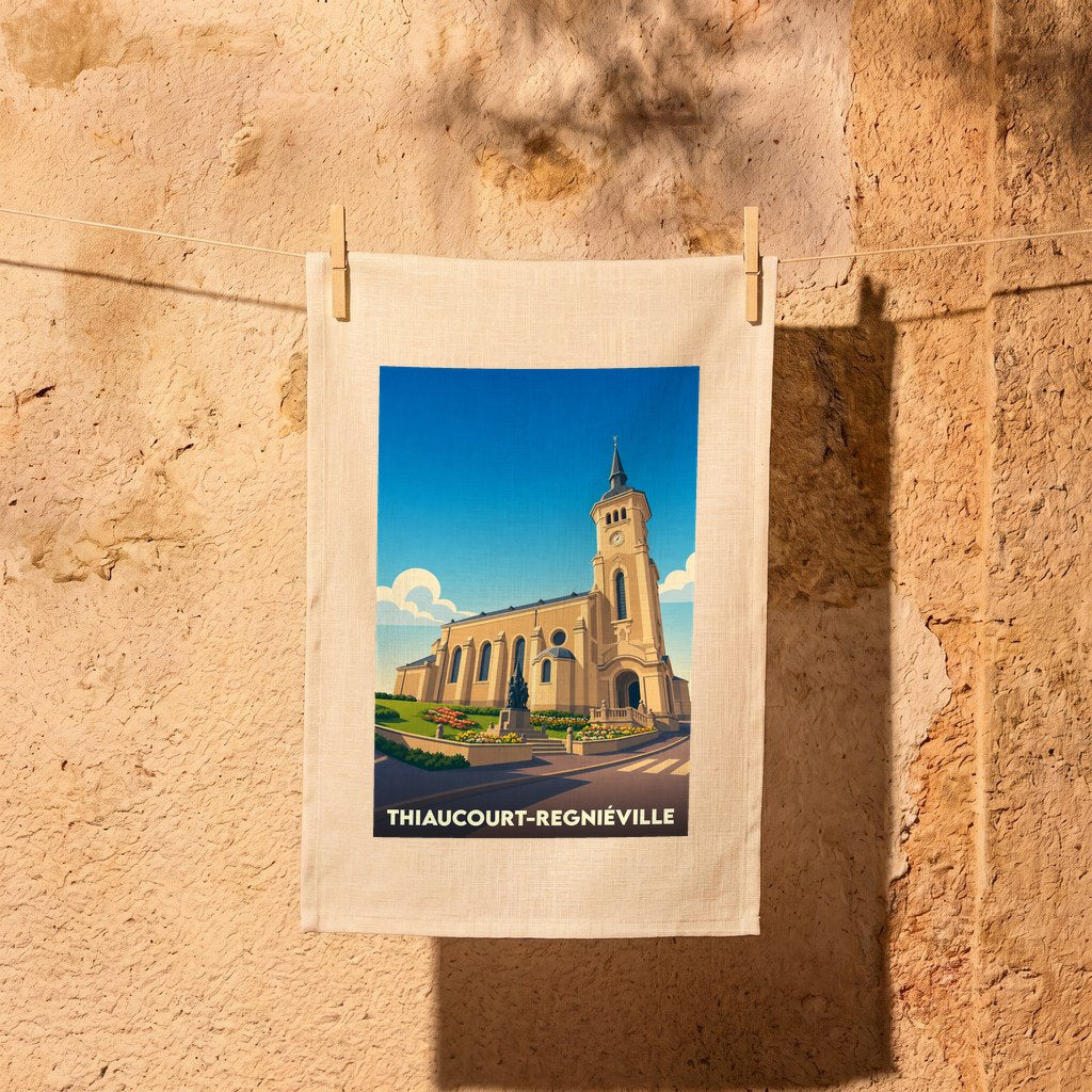Torchon souvenir de Thiaucourt-Regniéville illustré d'une vue stylisée de son église sous un ciel bleu.