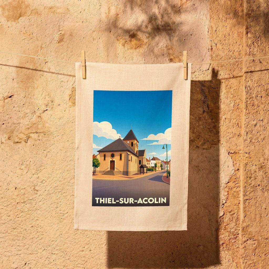 Torchon souvenir de la ville de Thiel-sur-Acolin avec une illustration stylisée de son église.