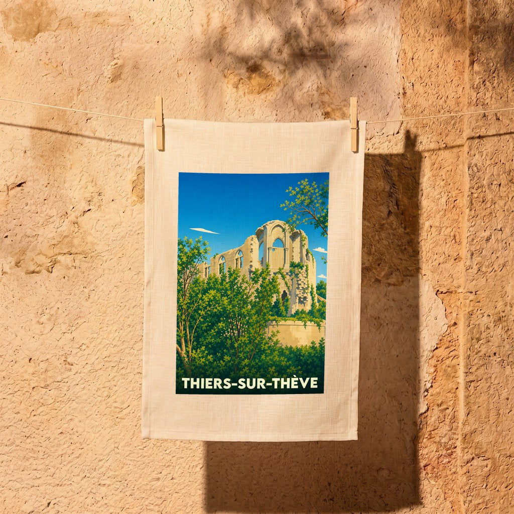 Torchon souvenir de Thiers-sur-Thève illustré par les ruines de son château entourées de végétation.