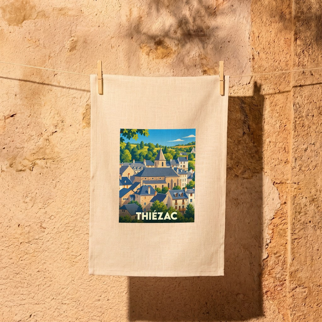 Torchon souvenir de la ville de Thiézac avec une illustration stylisée.