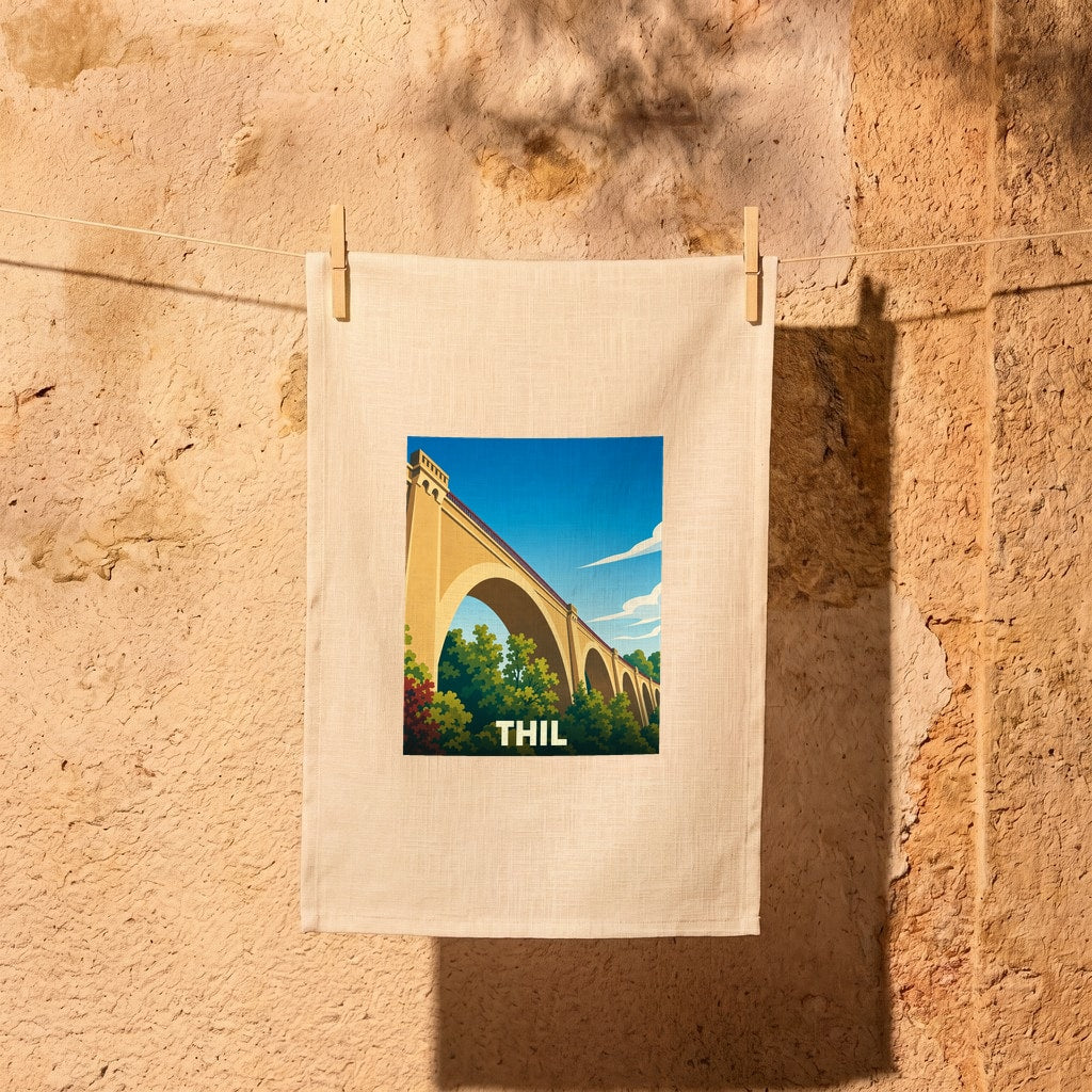Torchon souvenir de la ville de Thil avec une illustration stylisée représentant un viaduc.