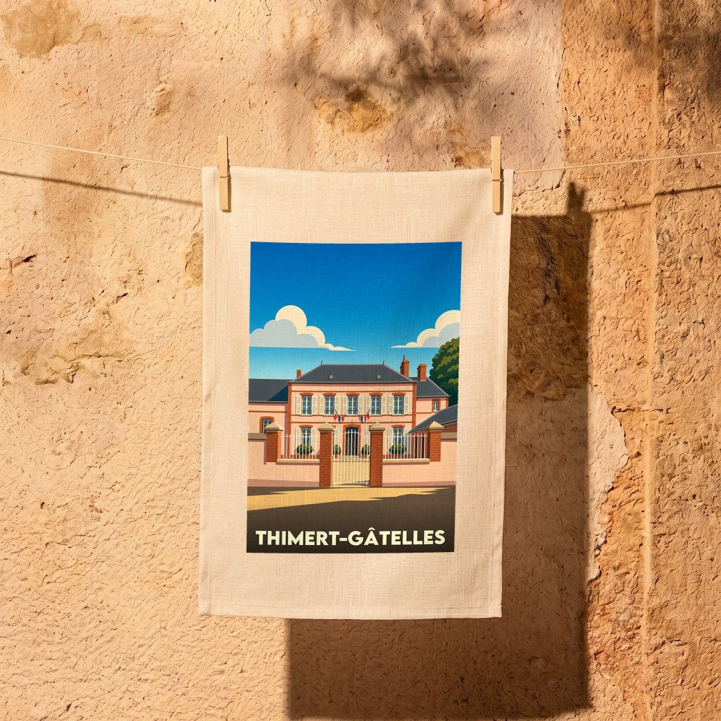 Torchon souvenir de la ville de Thimert-Gâtelles avec une illustration stylisée.