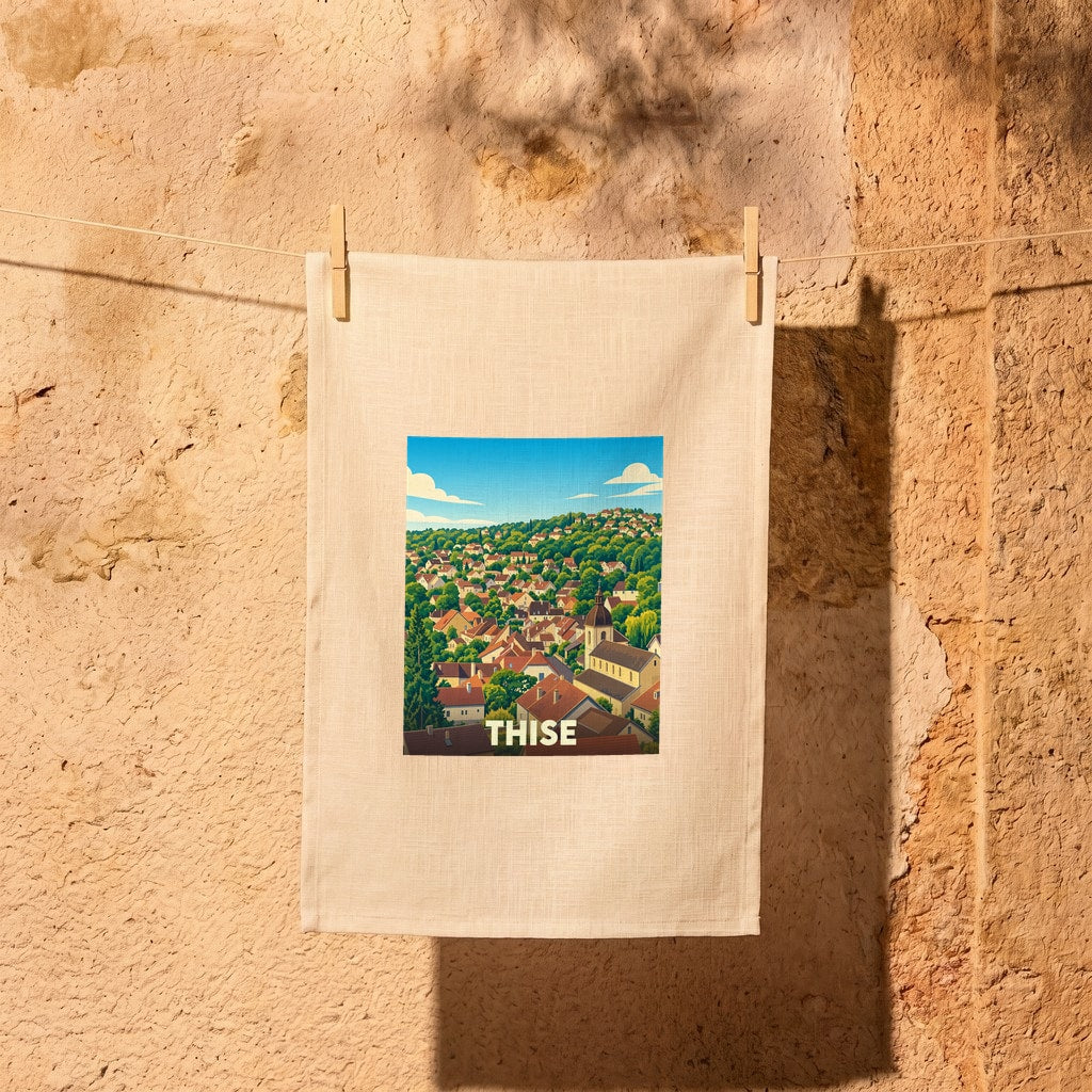 Torchon souvenir de la ville de Thise avec une illustration stylisée d'un village vallonné.