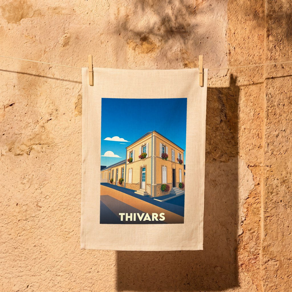 Torchon souvenir de la ville de Thivars avec une illustration stylisée d'une maison de village.