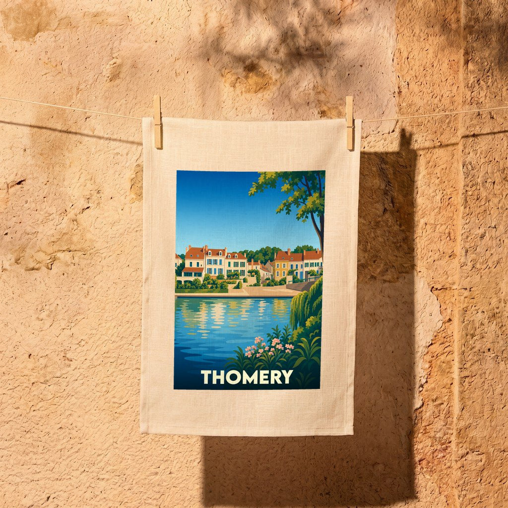 Torchon souvenir de la ville de Thomery orné d'une illustration stylisée de ses bords de Seine.