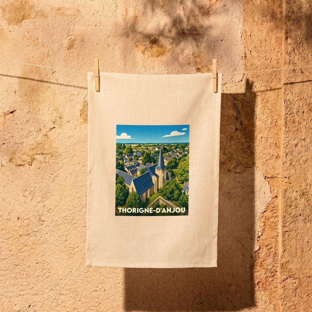 Torchon souvenir de la ville de Thorigné-d'Anjou avec une illustration stylisée du village.