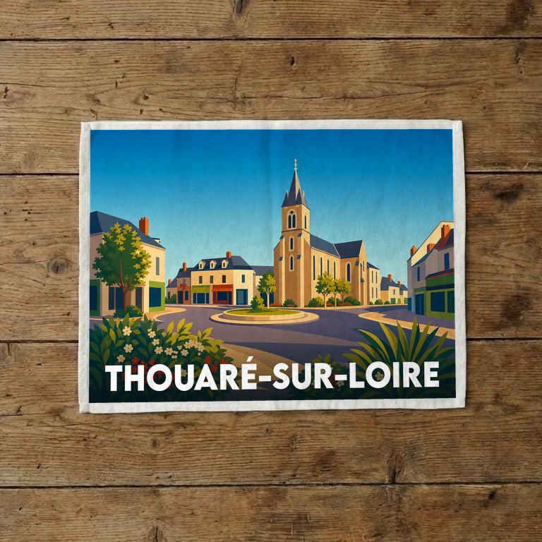 Torchon souvenir de la ville de Thouaré-sur-Loire avec une illustration stylisée de sa place centrale.