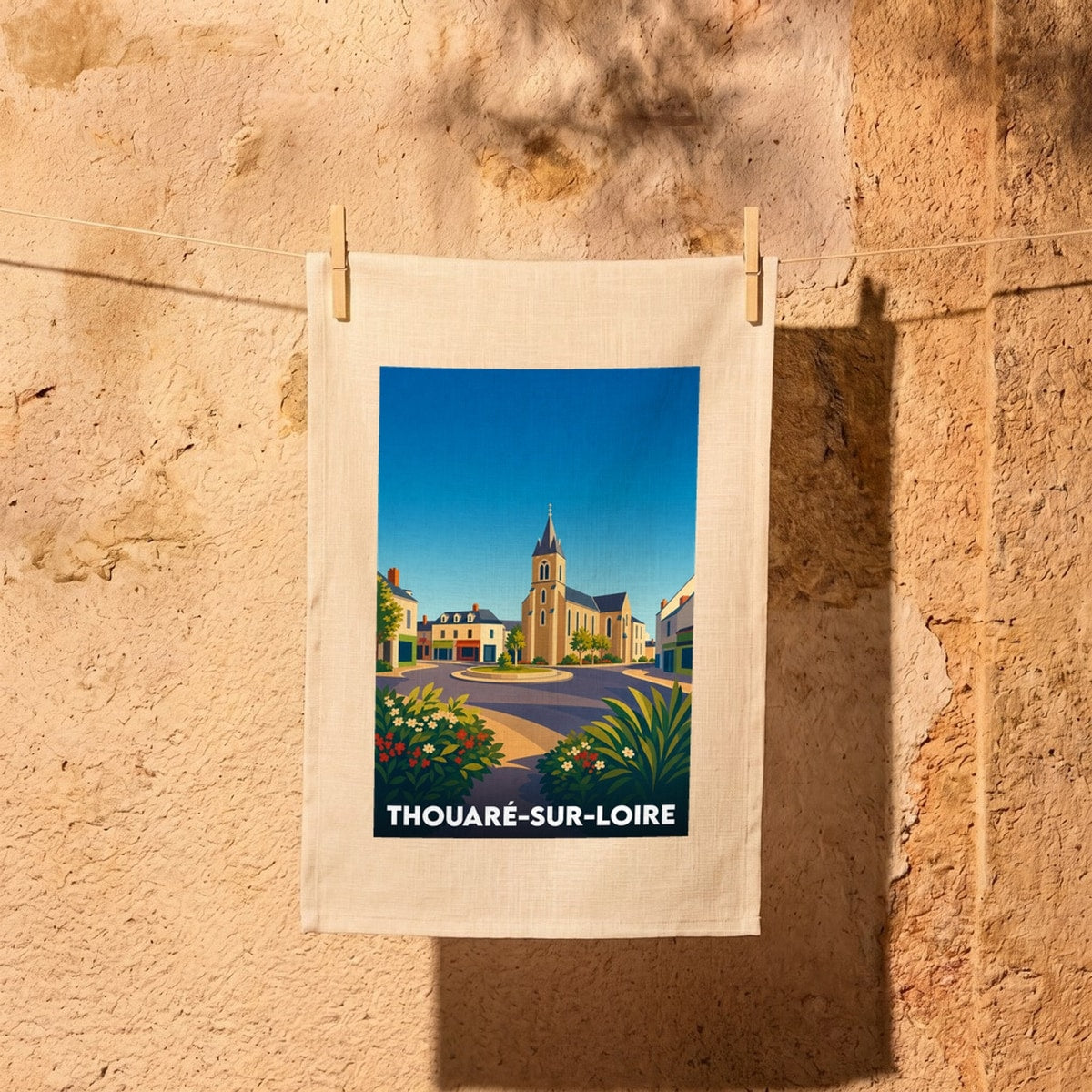 Torchon souvenir de la ville de Thouaré-sur-Loire avec une illustration stylisée de sa place centrale.