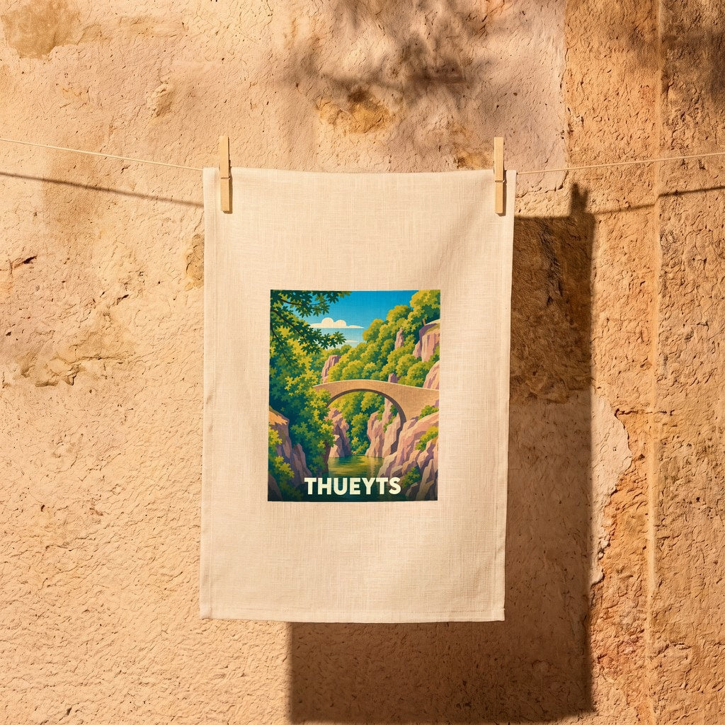 Torchon souvenir de la ville de Thueyts avec une illustration stylisée d'un pont en pierre enjambant une rivière.