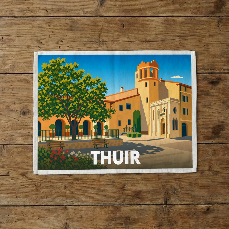 Torchon souvenir de la ville de Thuir avec une illustration stylisée et colorée.