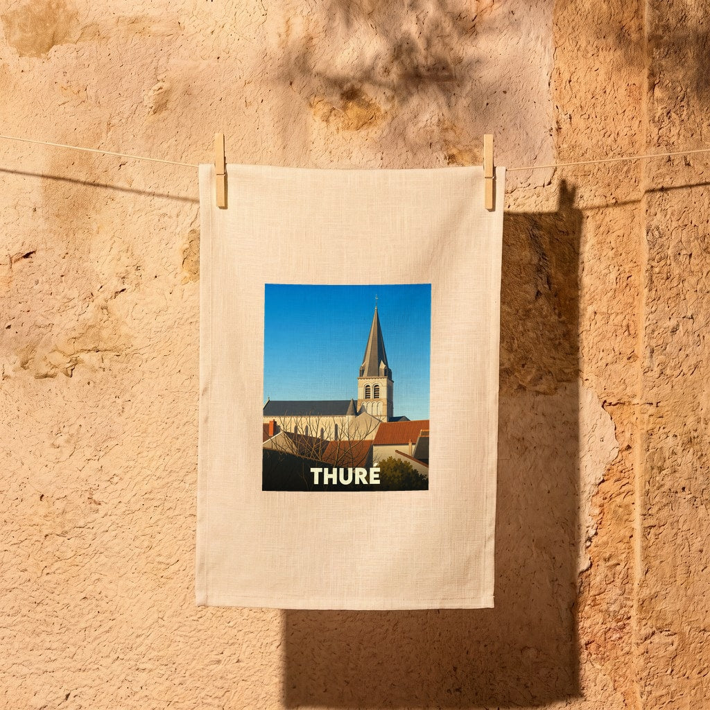 Torchon souvenir de la ville de Thuré avec une illustration stylisée de son église.