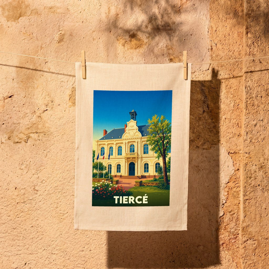Torchon souvenir de la ville de Tiercé avec une illustration stylisée de sa mairie.