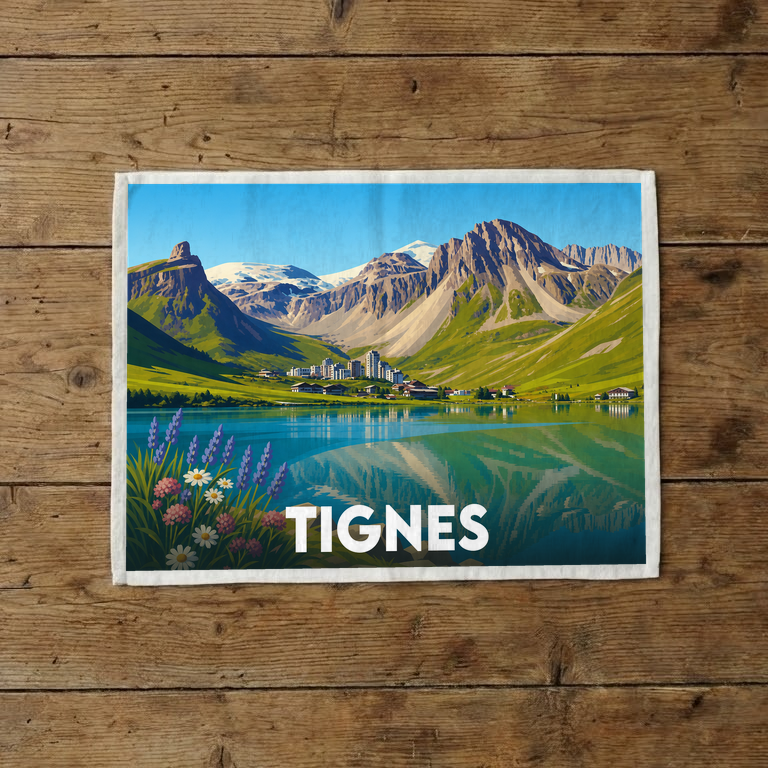 Torchon souvenir de la ville de Tignes avec une illustration stylisée de son paysage de montagne.