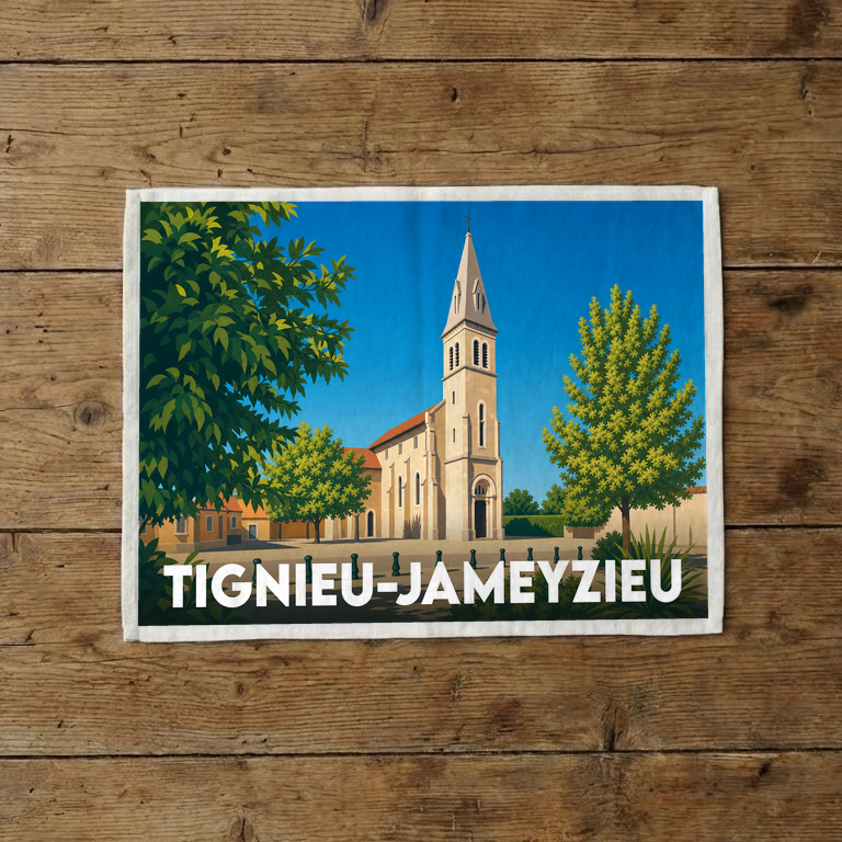 Torchon souvenir de la ville de Tignieu-Jameyzieu avec une illustration stylisée de son église.