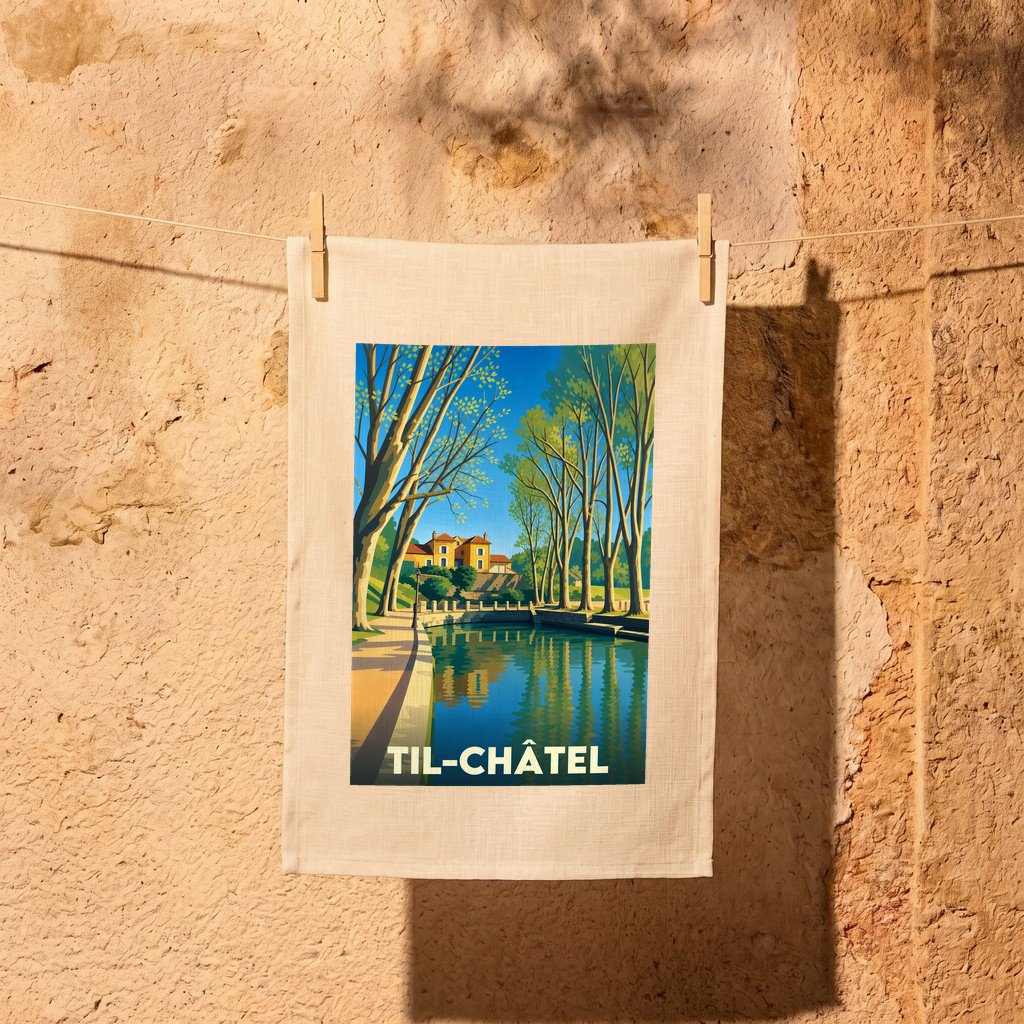 Torchon souvenir de la ville de Til-Châtel avec une illustration stylisée des bords de la Tille.