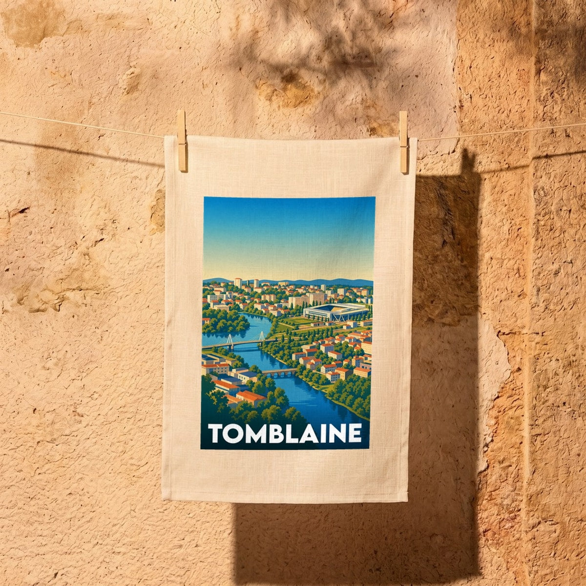 Torchon souvenir de la ville de Tomblaine avec une illustration stylisée et colorée.