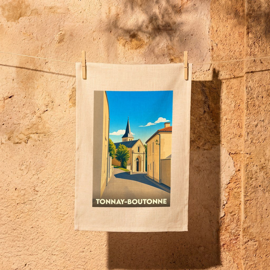 Torchon souvenir de la ville de Tonnay-Boutonne avec une illustration stylisée de son église et de ses rues.
