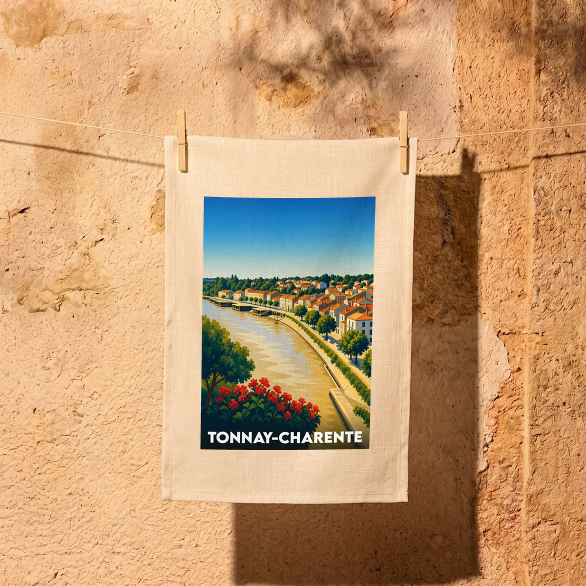 Torchon souvenir de la ville de Tonnay-Charente avec une illustration stylisée des quais de la Charente.