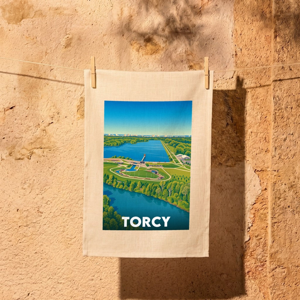 Torchon souvenir de la ville de Torcy avec une illustration stylisée en vue aérienne de son stade nautique.