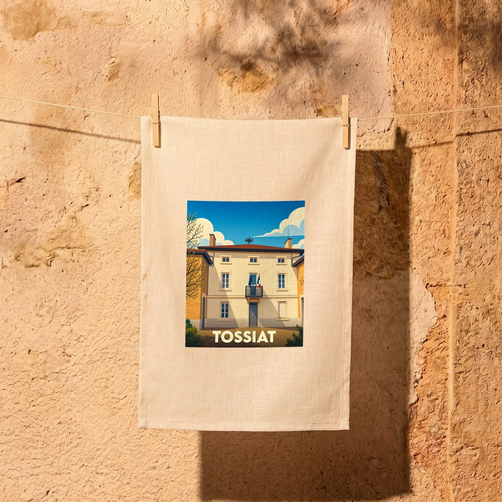 Torchon souvenir de la ville de Tossiat avec une illustration stylisée de sa mairie.