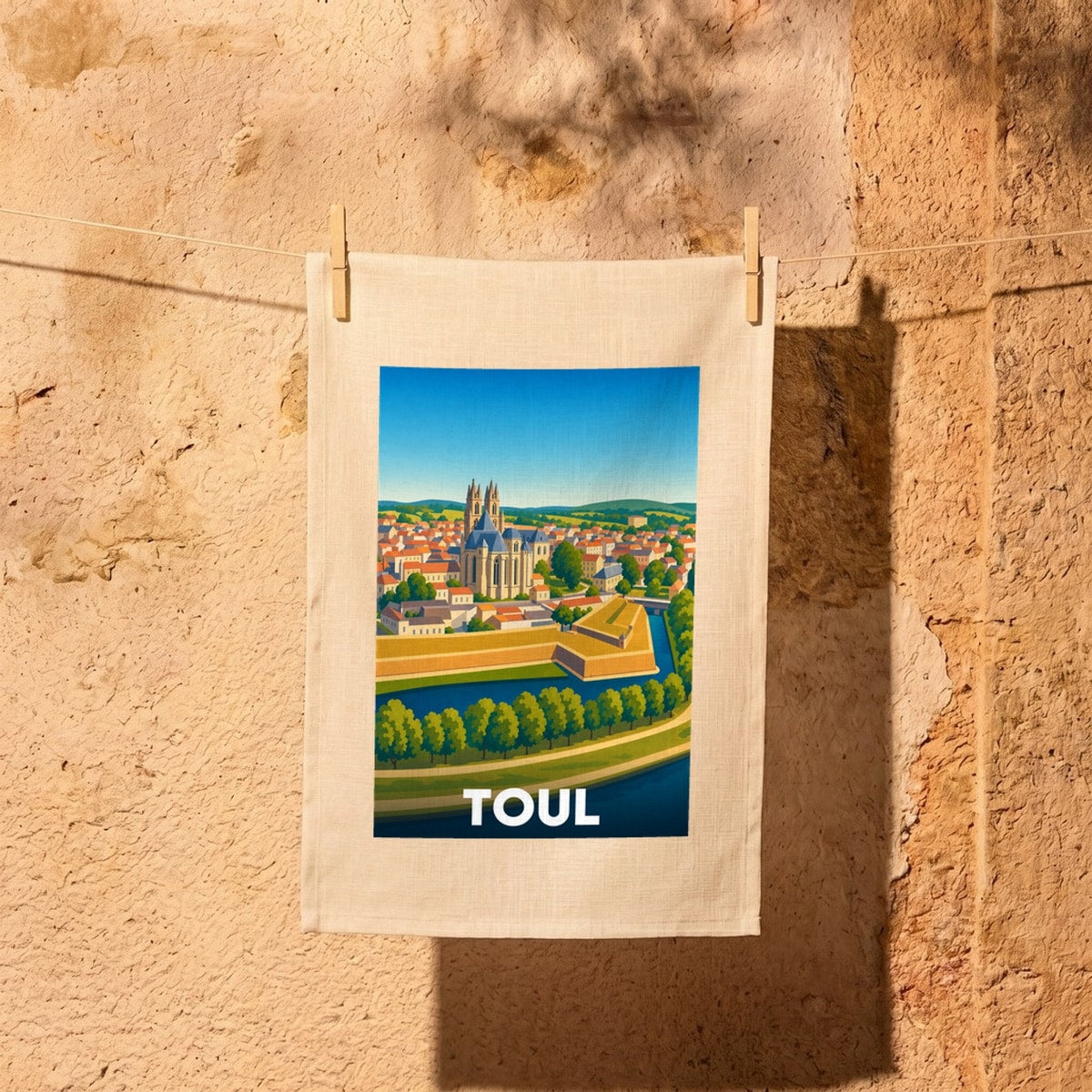 Torchon souvenir de la ville de Toul avec une illustration stylisée de ses remparts et de sa cathédrale.