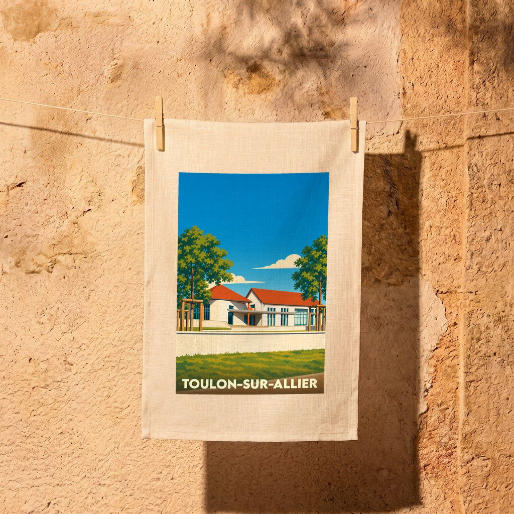 Torchon souvenir de la ville de Toulon-sur-Allier avec une illustration stylisée d'un bâtiment local.