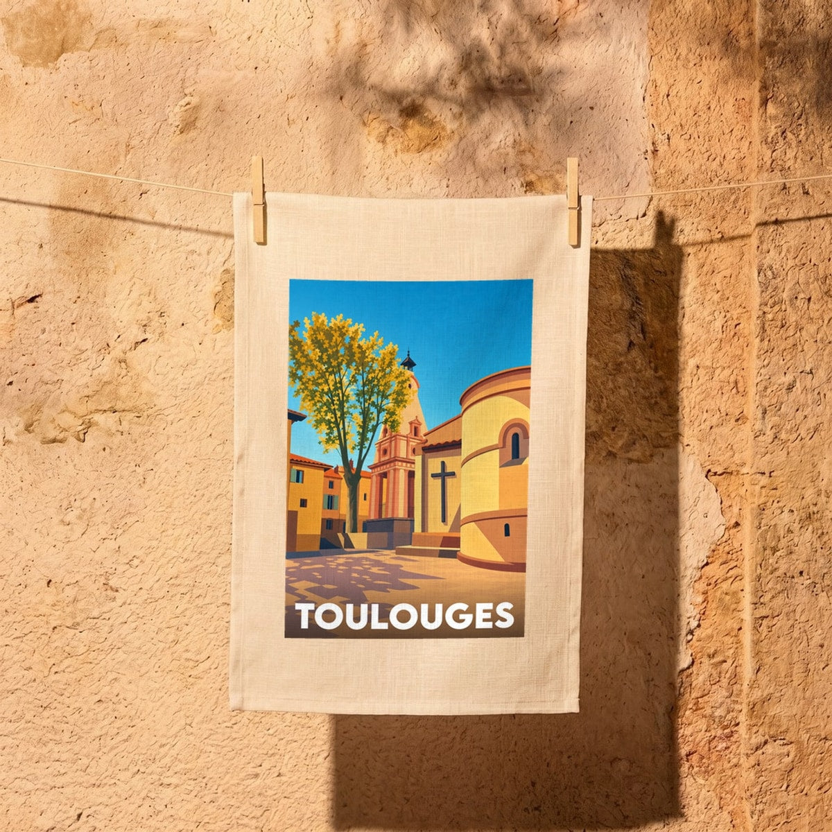Torchon souvenir de la ville de Toulouges avec une illustration stylisée de son patrimoine architectural.