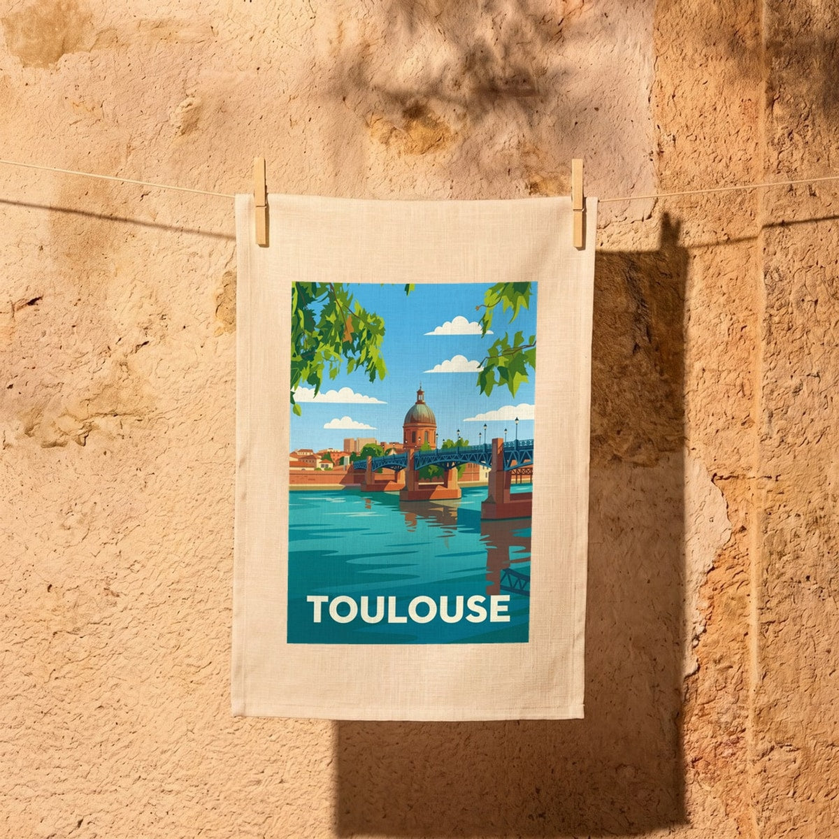 Torchon souvenir de la ville de Toulouse avec une illustration stylisée du pont Saint-Pierre et du dôme de La Grave.