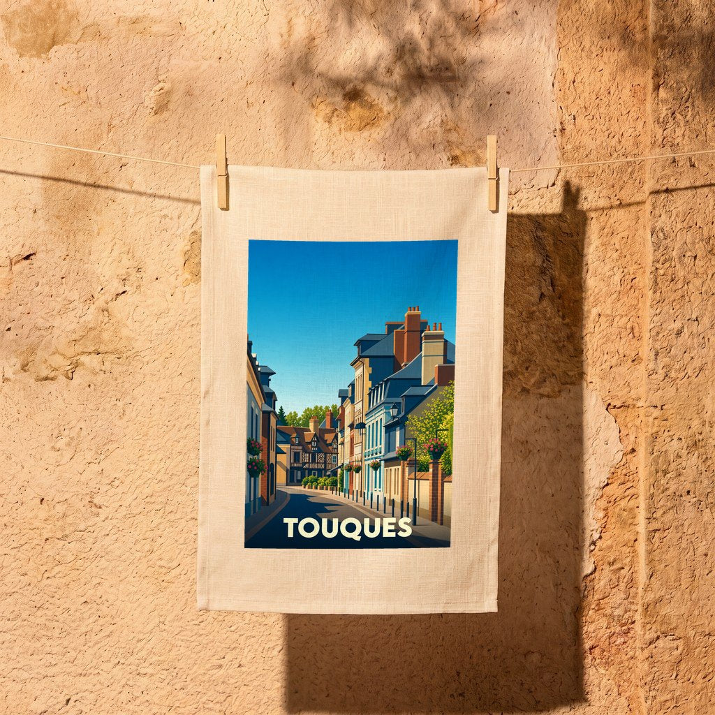 Torchon souvenir de la ville de Touques avec une illustration stylisée.