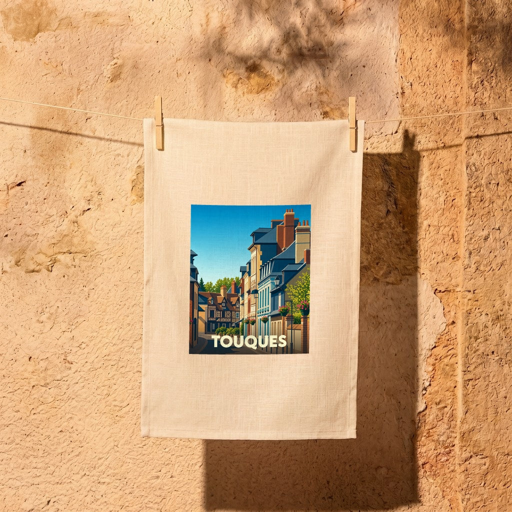 Torchon souvenir de la ville de Touques avec une illustration stylisée.
