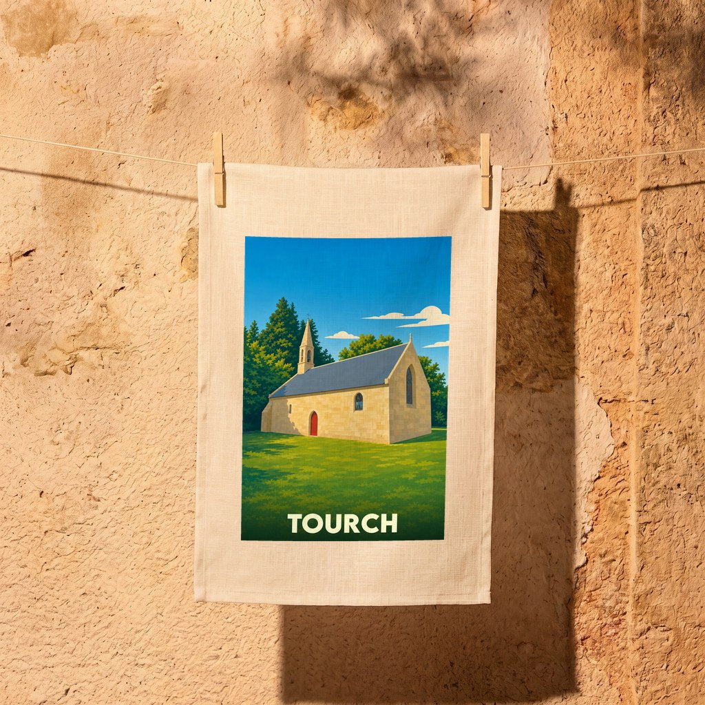 Torchon souvenir de la ville de Tourch avec une illustration stylisée d'une église bretonne.