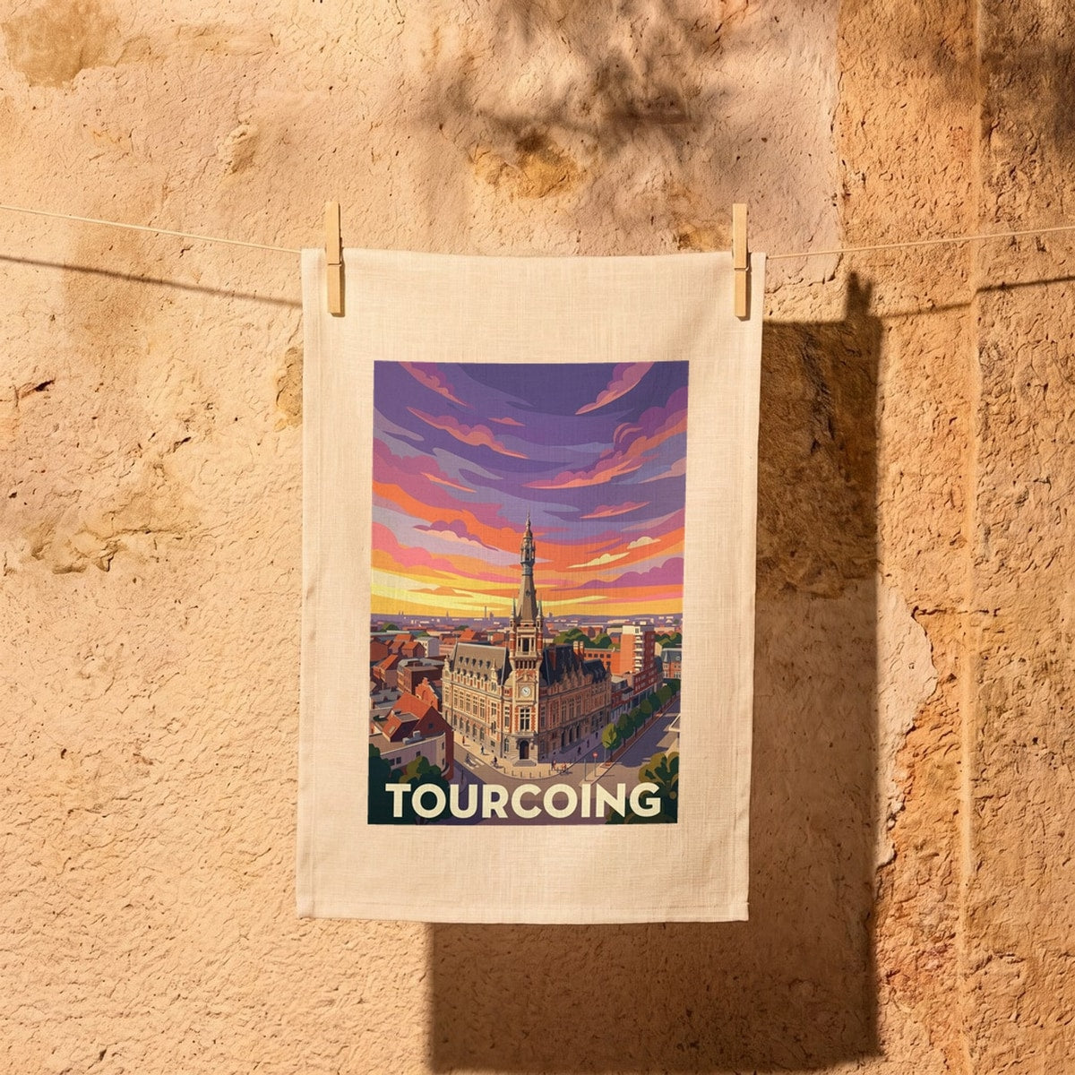 Torchon souvenir de la ville de Tourcoing avec une illustration stylisée de son hôtel de ville.