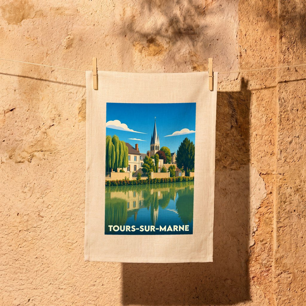 Torchon souvenir de la ville de Tours-sur-Marne avec une illustration stylisée.