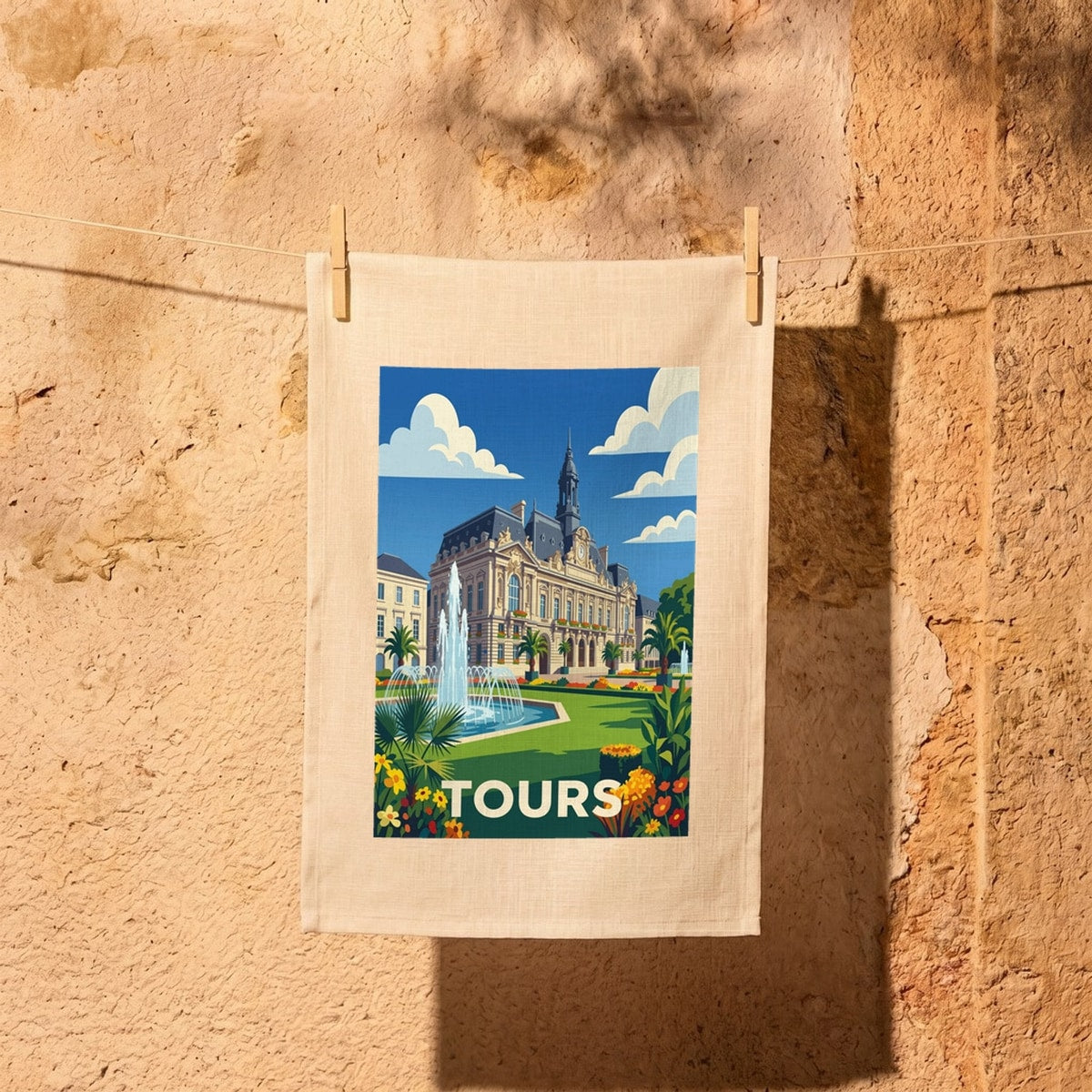 Torchon souvenir de la ville de Tours avec une illustration stylisée.