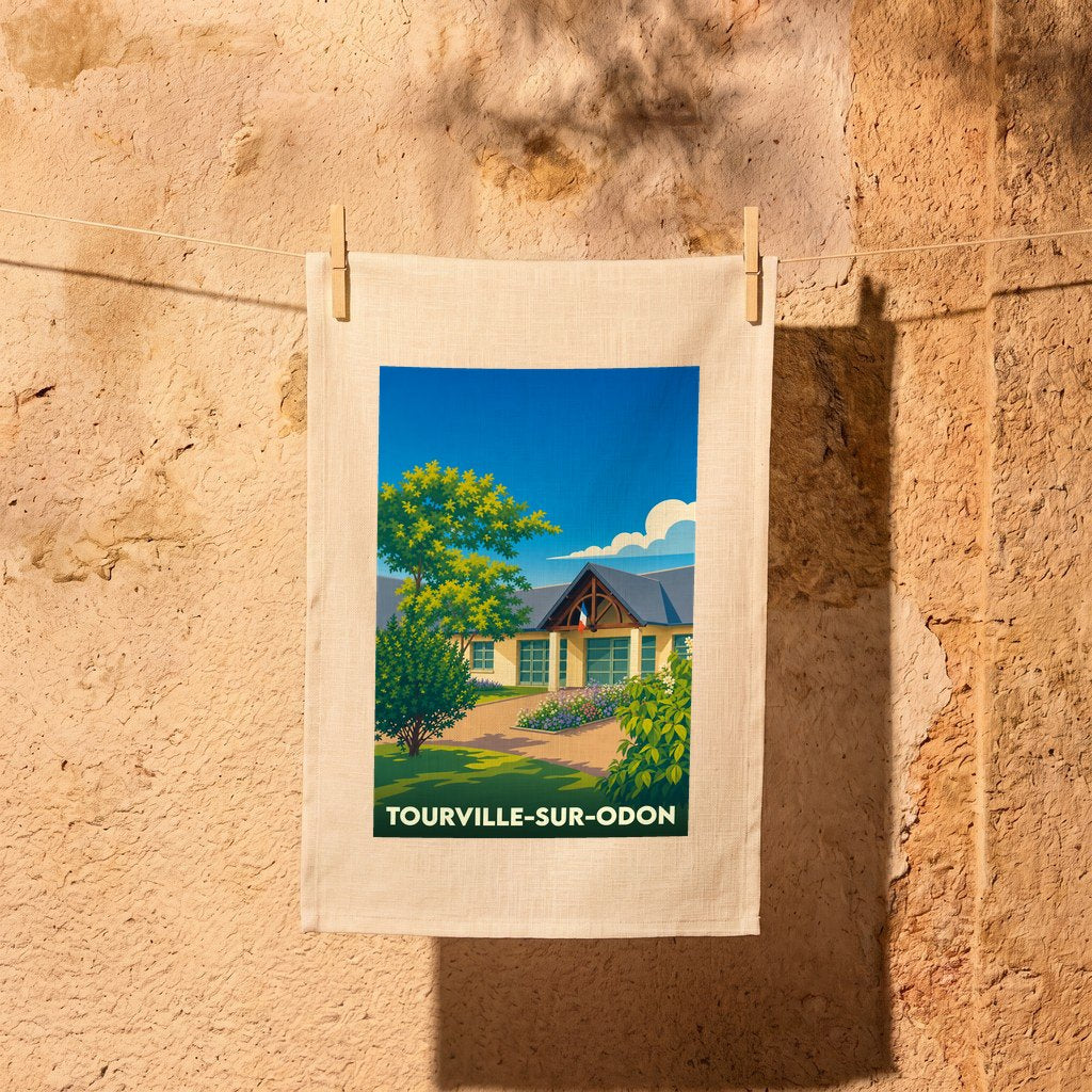 Torchon souvenir de la ville de Tourville-sur-Odon avec une illustration stylisée d'un bâtiment communal.
