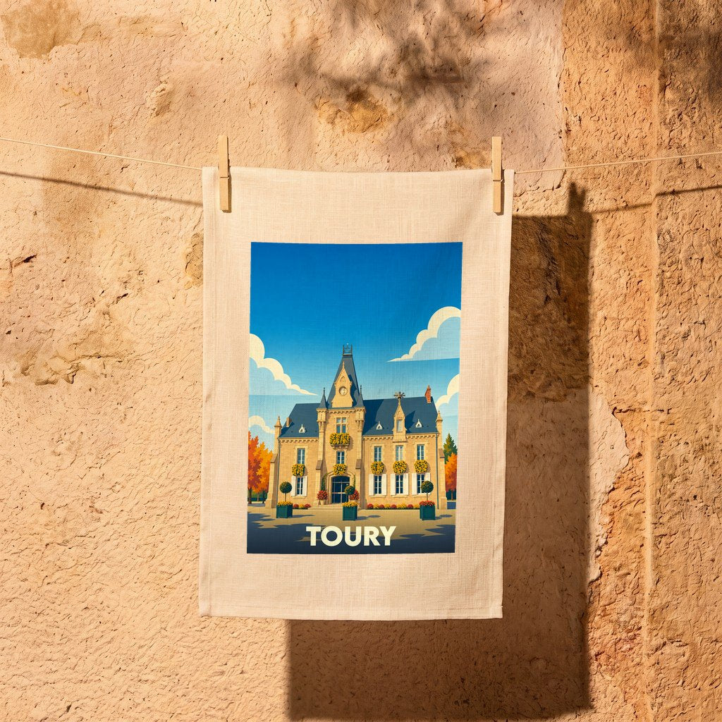 Torchon souvenir de la ville de Toury avec une illustration stylisée de l'hôtel de ville.