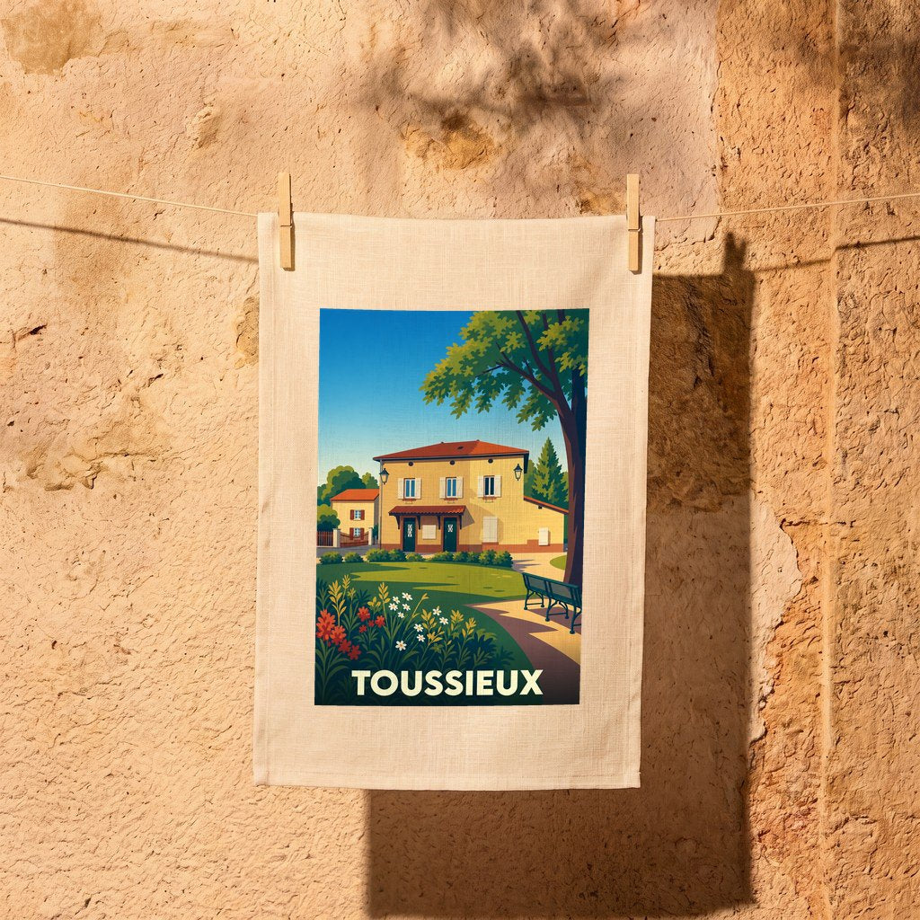 Torchon souvenir de la ville de Toussieux illustré d'un paysage urbain au style vintage.