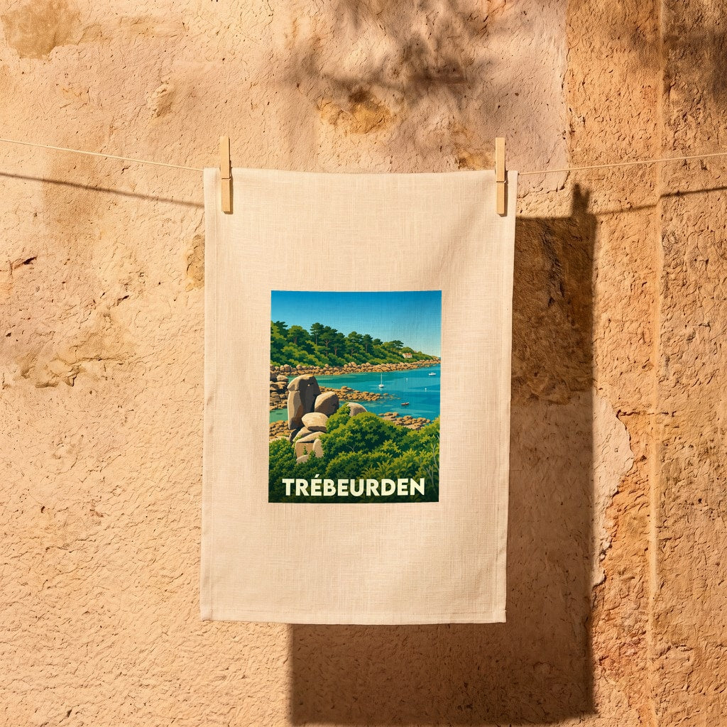 Torchon souvenir de la ville de Trébeurden orné d'une illustration côtière stylisée.